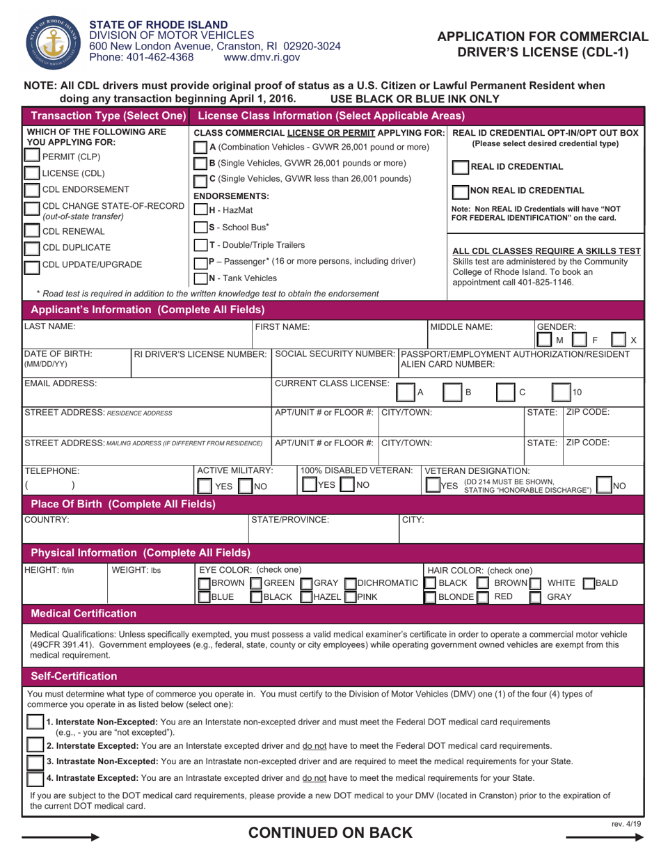 Form Cdl 1 Download Fillable Pdf Or Fill Online Application For Commercial Driver S License Rhode Island Templateroller