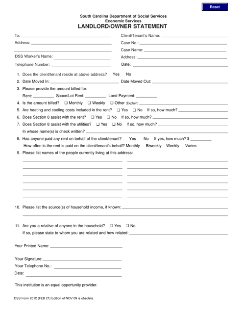 DSS Form 2012 Landlord/Owner Statement - South Carolina