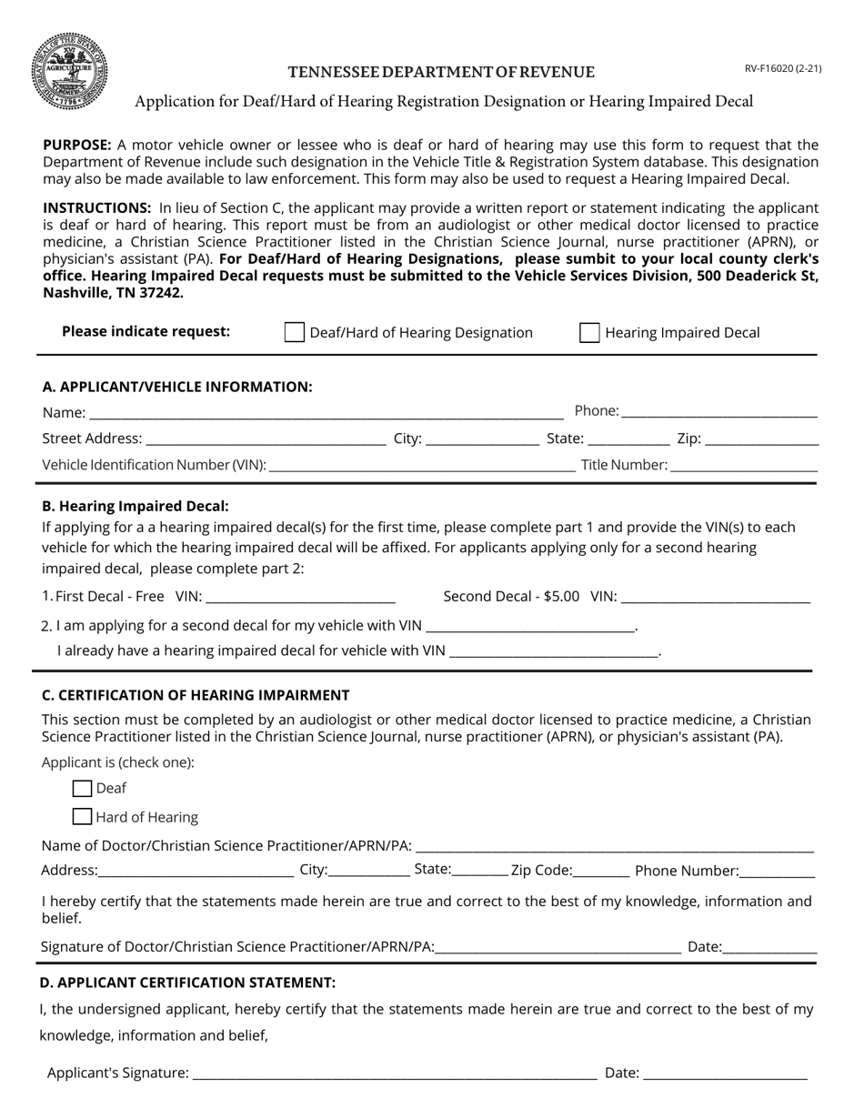Form RV-F16020 Application for Deaf / Hard of Hearing Registration Designation or Hearing Impaired Decal - Tennessee, Page 1