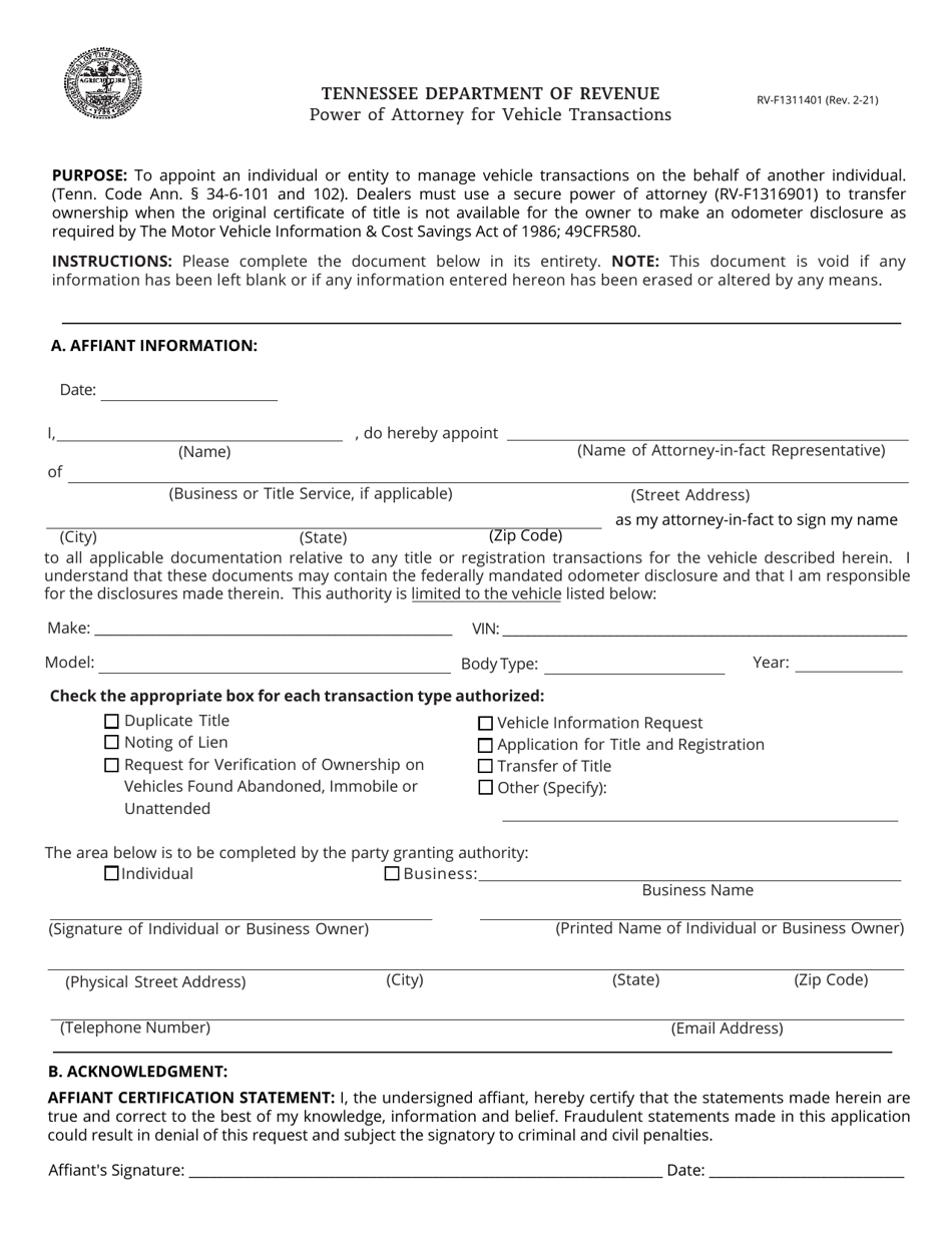 Form RV-F1311401 Power of Attorney for Vehicle Transactions - Tennessee, Page 1