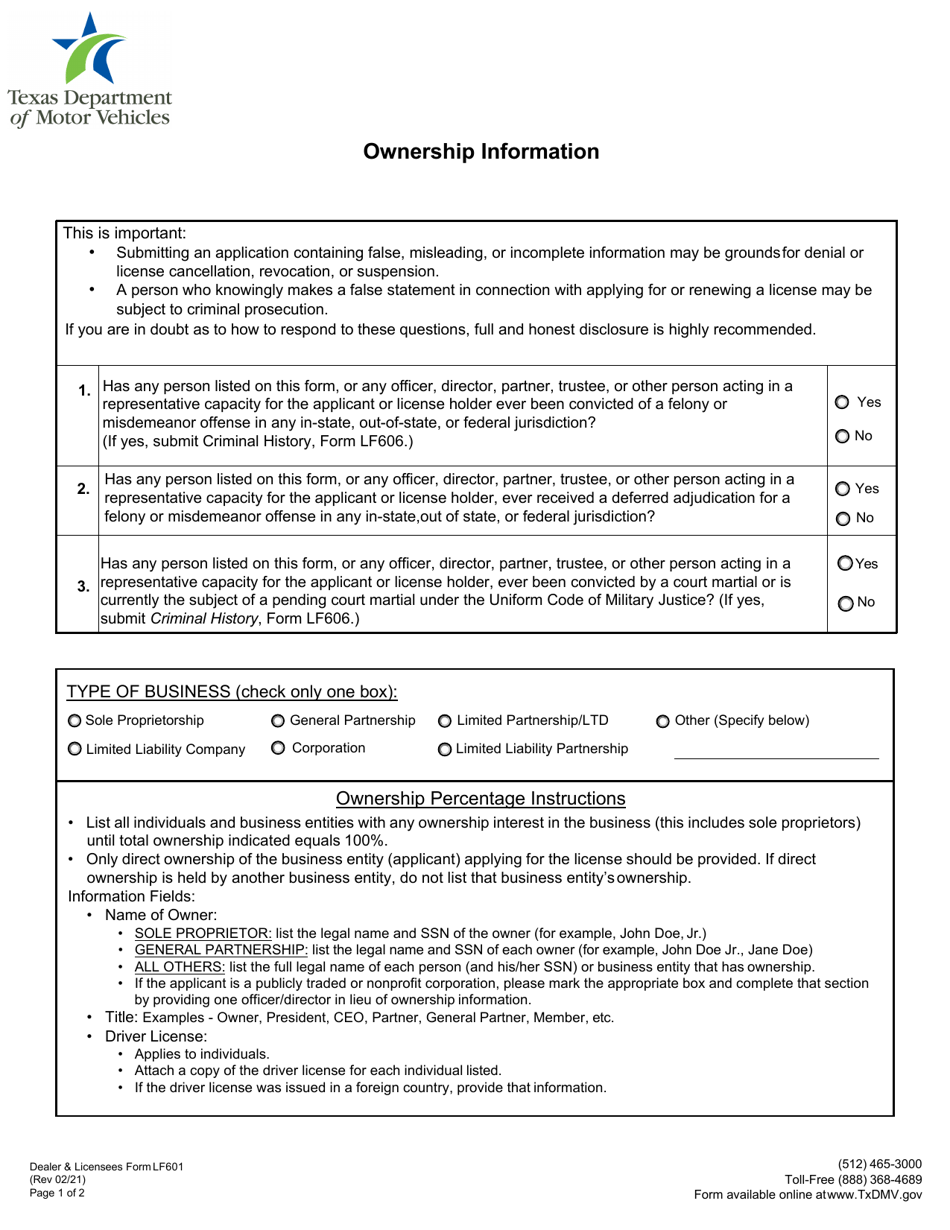Form LF601 Ownership Information - Texas, Page 1