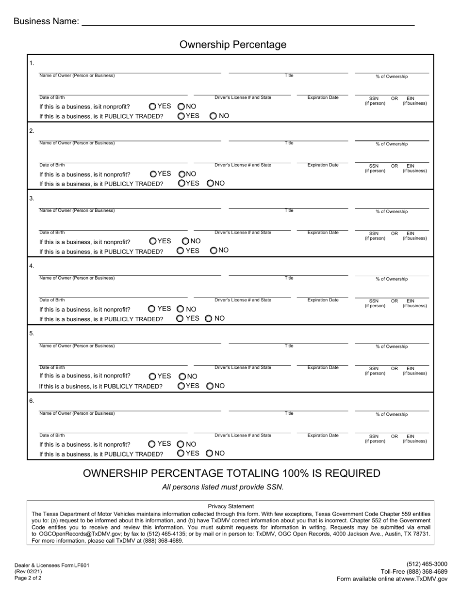 Form LF601 Ownership Information - Texas, Page 2