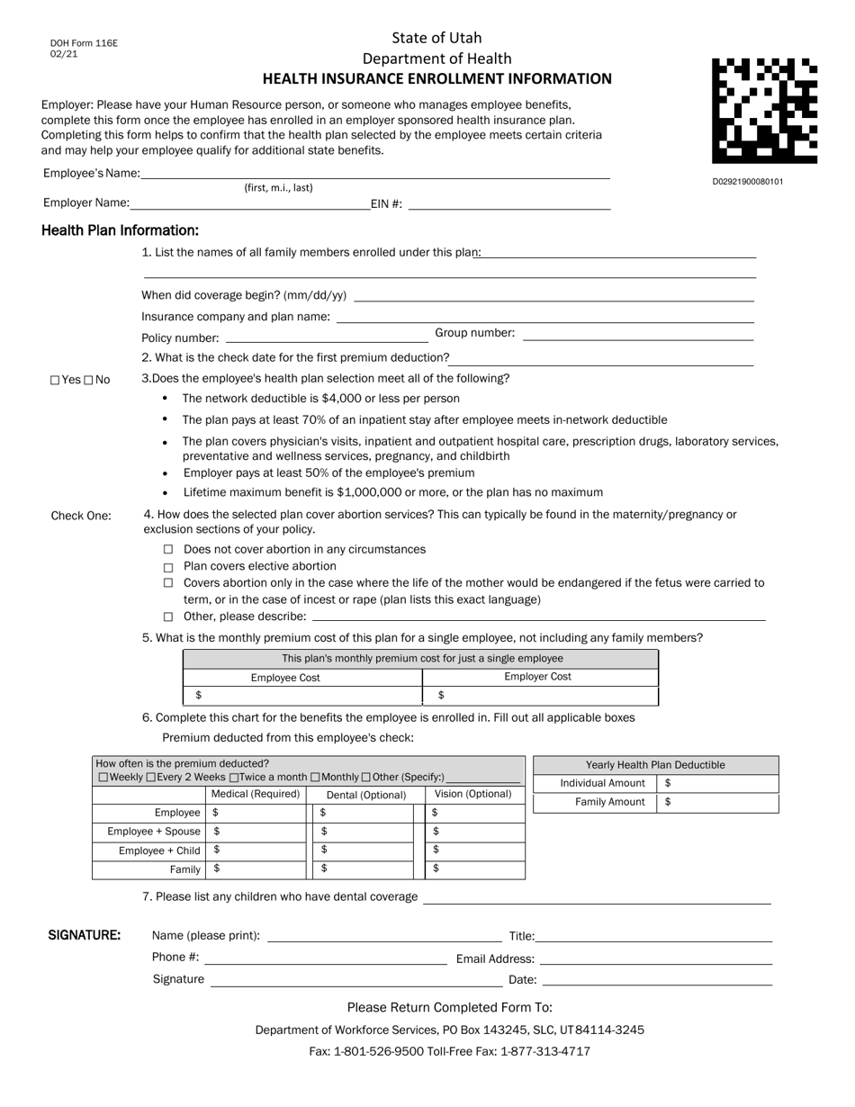 DOH Form 116E Health Insurance Enrollment Information - Utah, Page 1
