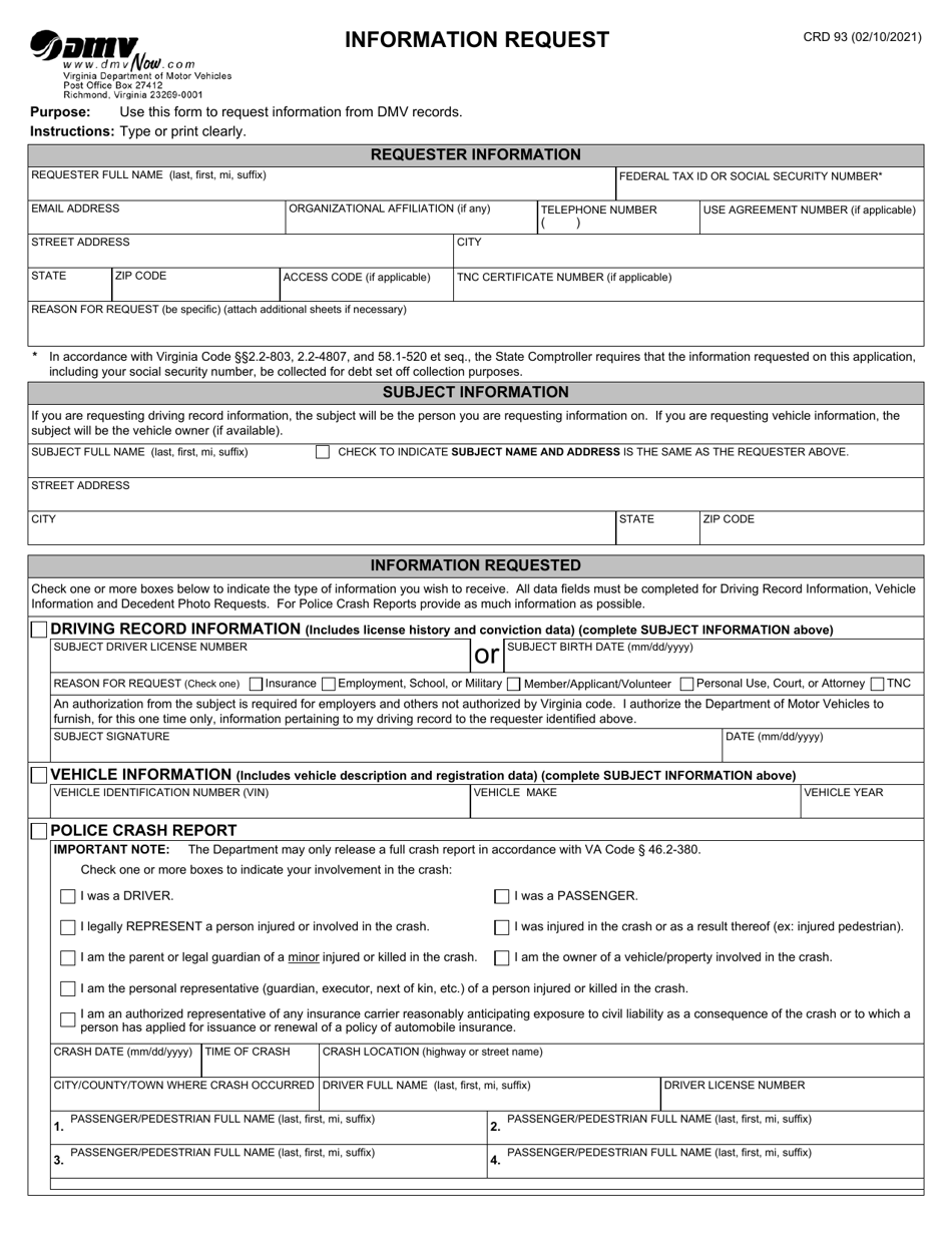 Form CRD93 Information Request - Virginia, Page 1