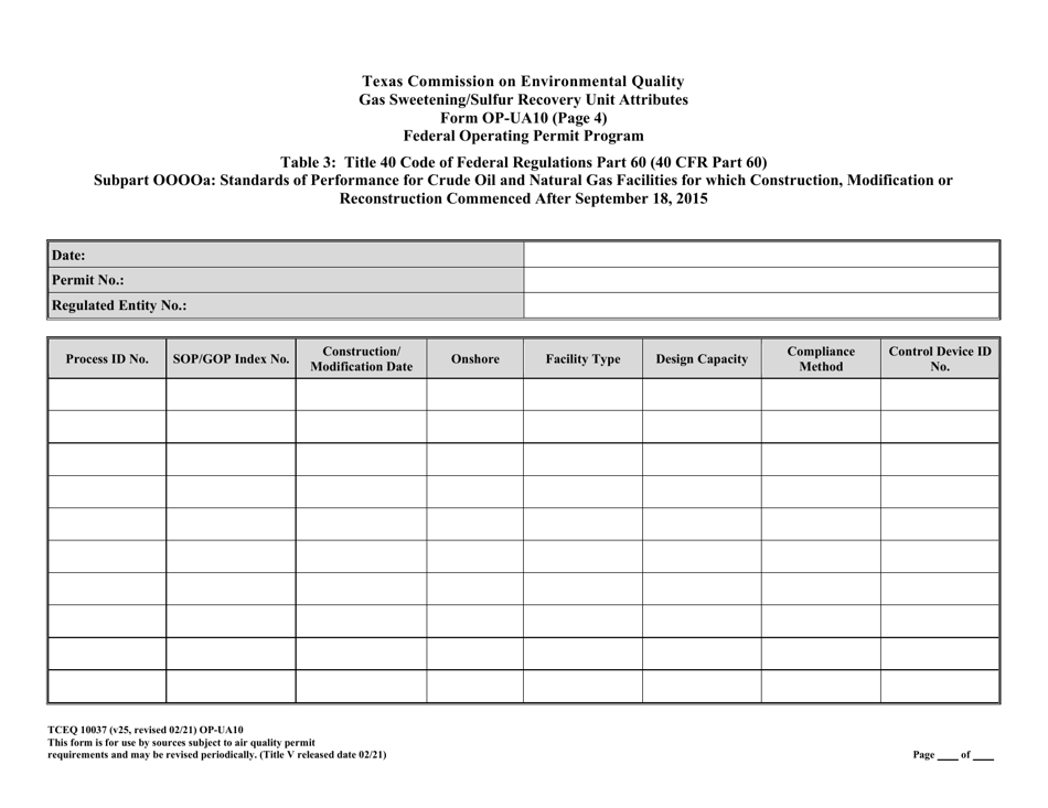 Form TCEQ-10037 (OP-UA10) Gas Sweetening / Sulfur Recovery Unit Attributes - Texas, Page 11