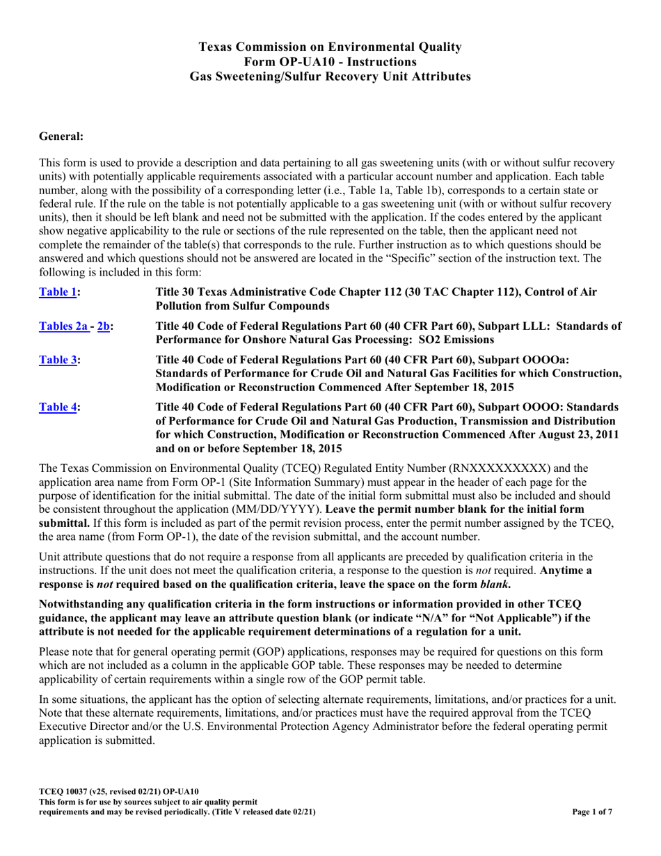 Form TCEQ-10037 (OP-UA10) Gas Sweetening / Sulfur Recovery Unit Attributes - Texas, Page 1