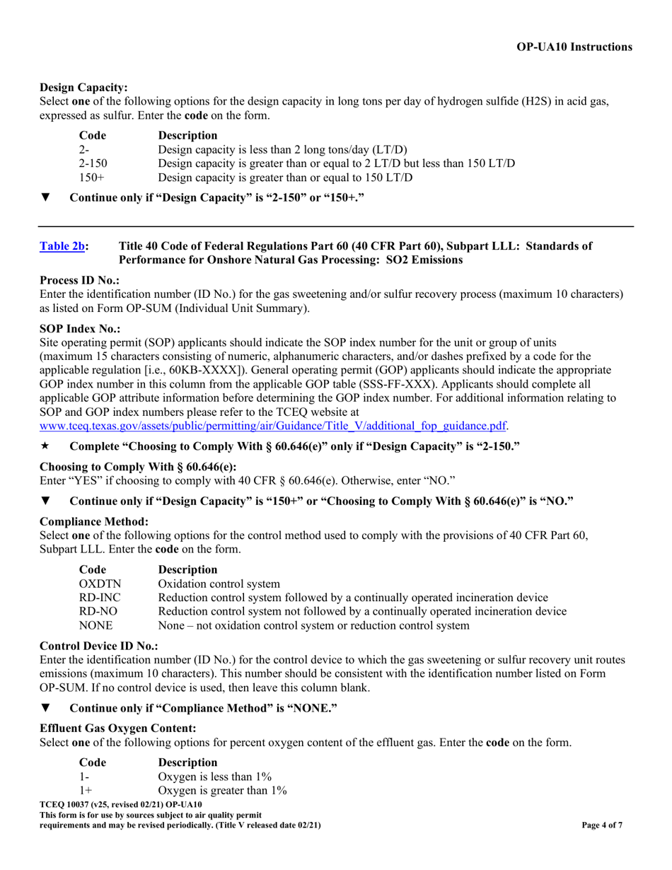 Form TCEQ-10037 (OP-UA10) Gas Sweetening / Sulfur Recovery Unit Attributes - Texas, Page 4