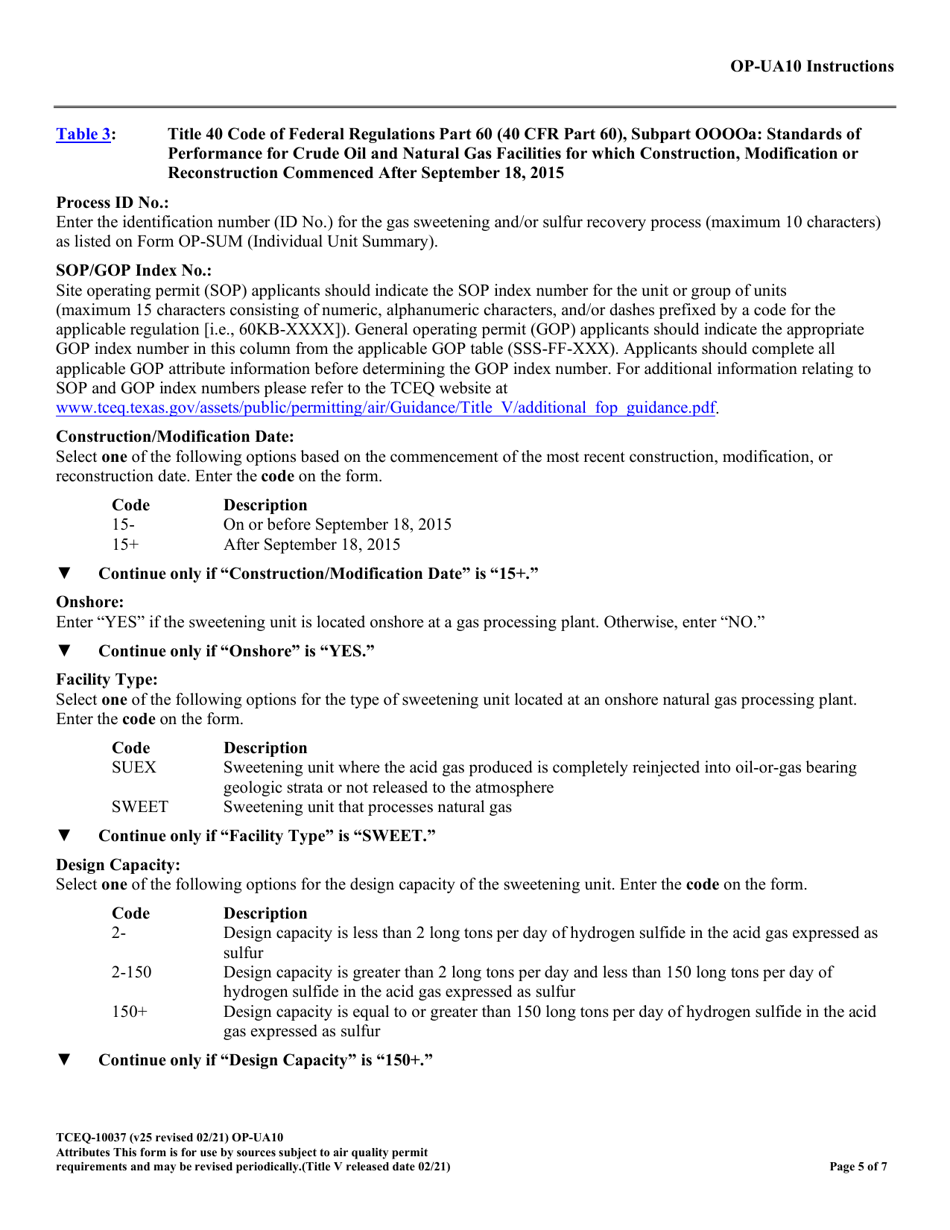 Form TCEQ-10037 (OP-UA10) Gas Sweetening / Sulfur Recovery Unit Attributes - Texas, Page 5