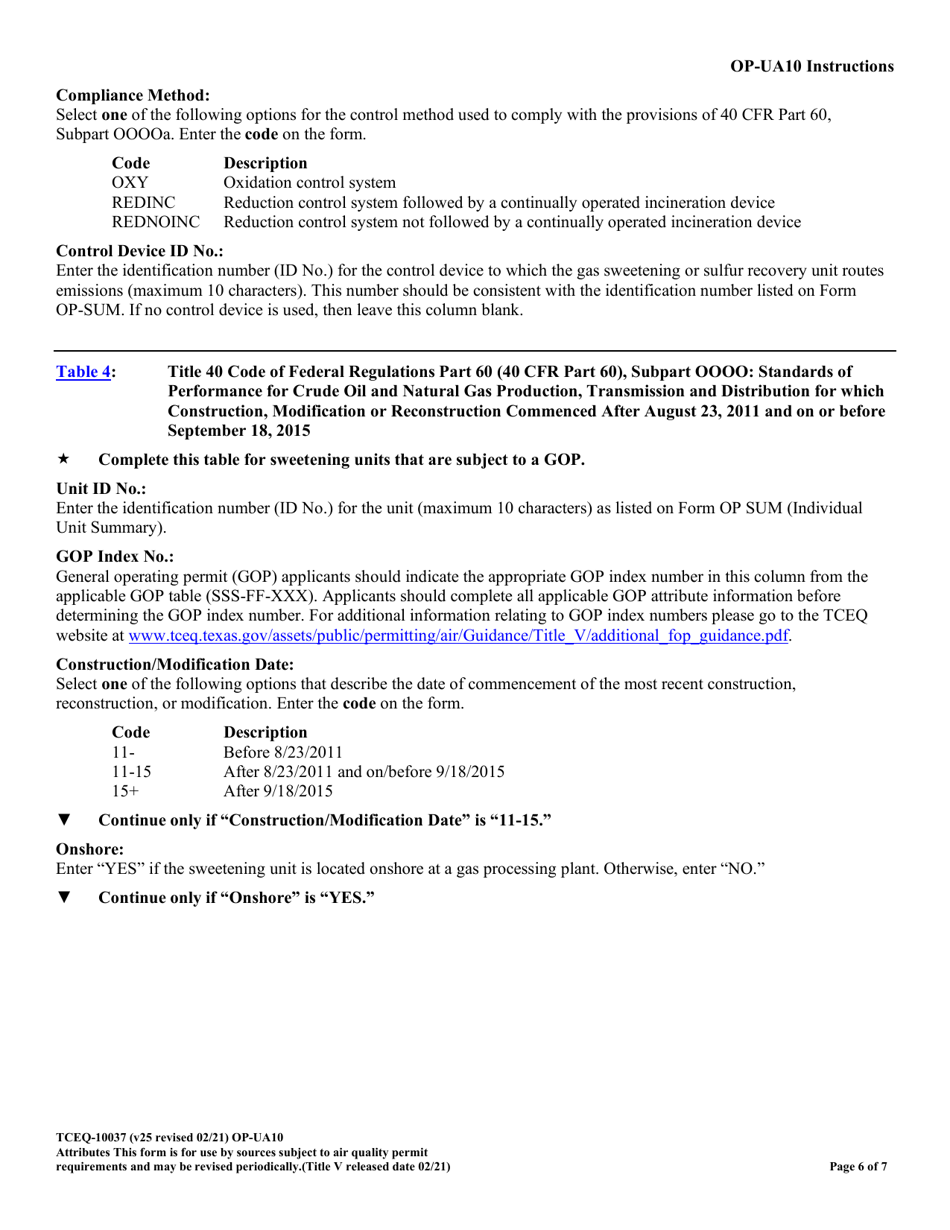 Form TCEQ-10037 (OP-UA10) Gas Sweetening / Sulfur Recovery Unit Attributes - Texas, Page 6