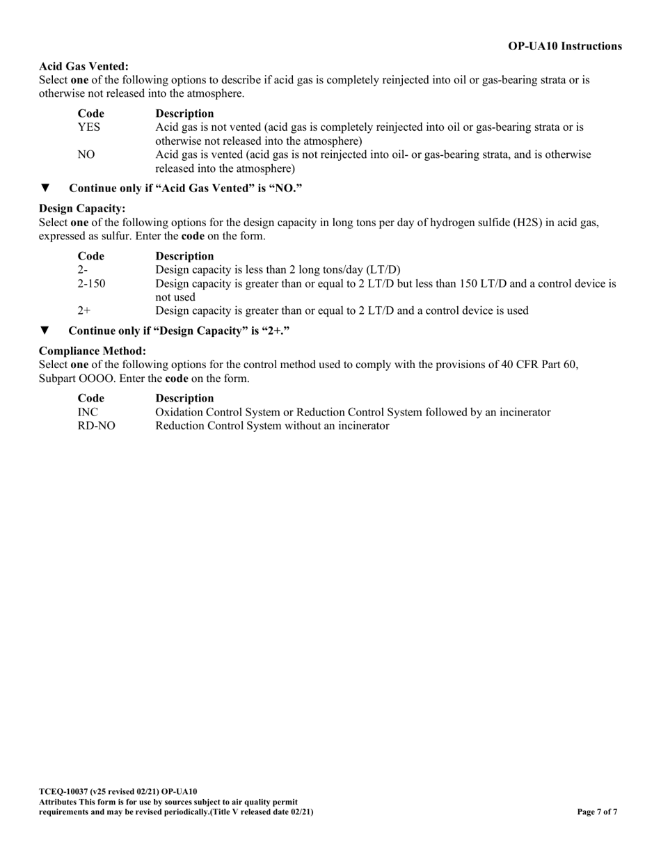 Form TCEQ-10037 (OP-UA10) Gas Sweetening / Sulfur Recovery Unit Attributes - Texas, Page 7
