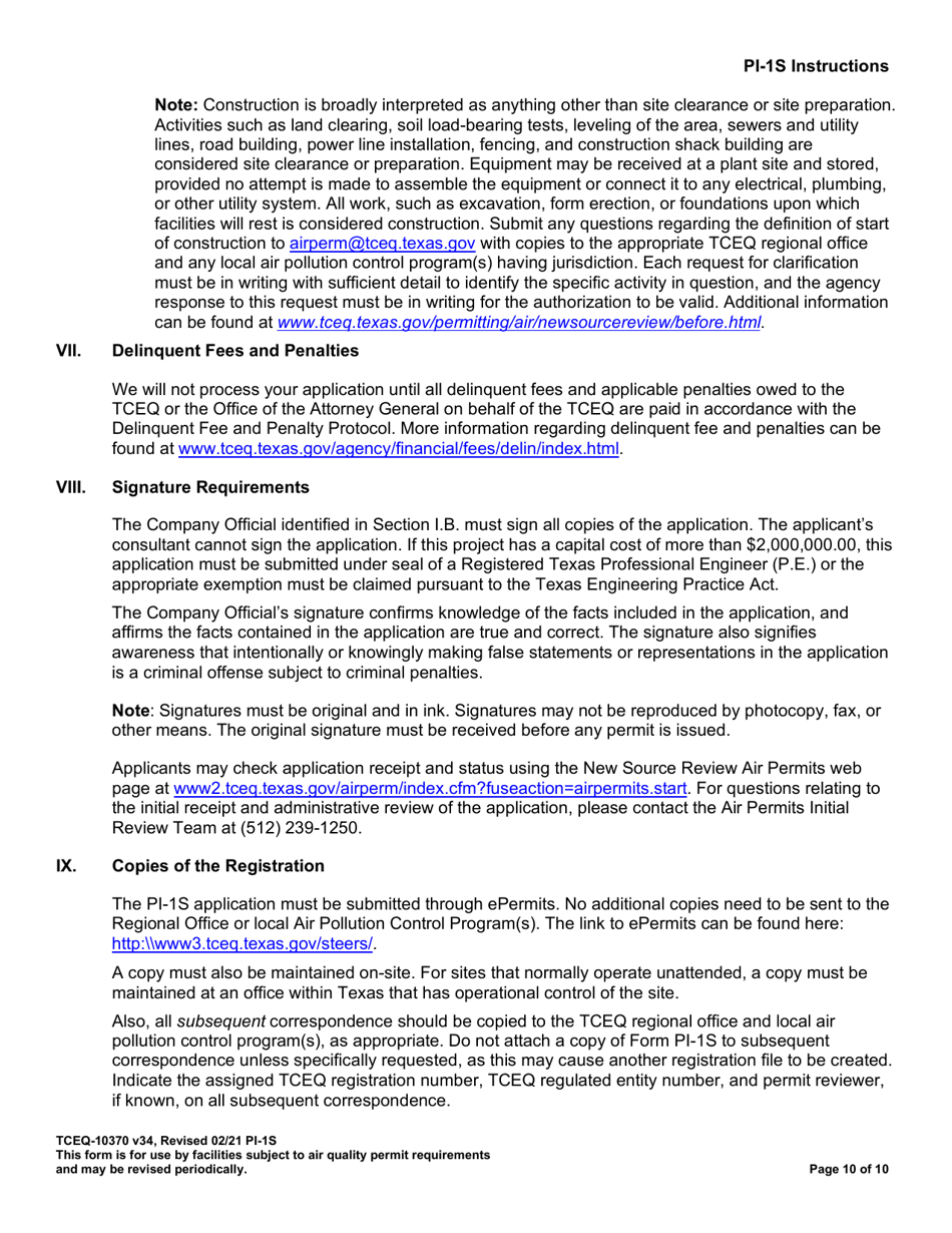 Form PI-1S (TCEQ-10370) Registrations for Air Standard Permit - Texas, Page 11