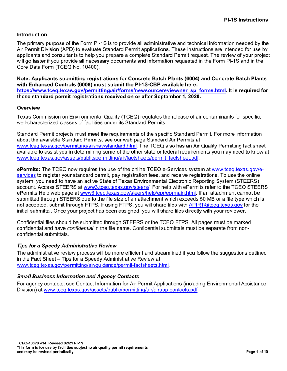 Form PI-1S (TCEQ-10370) Registrations for Air Standard Permit - Texas, Page 2