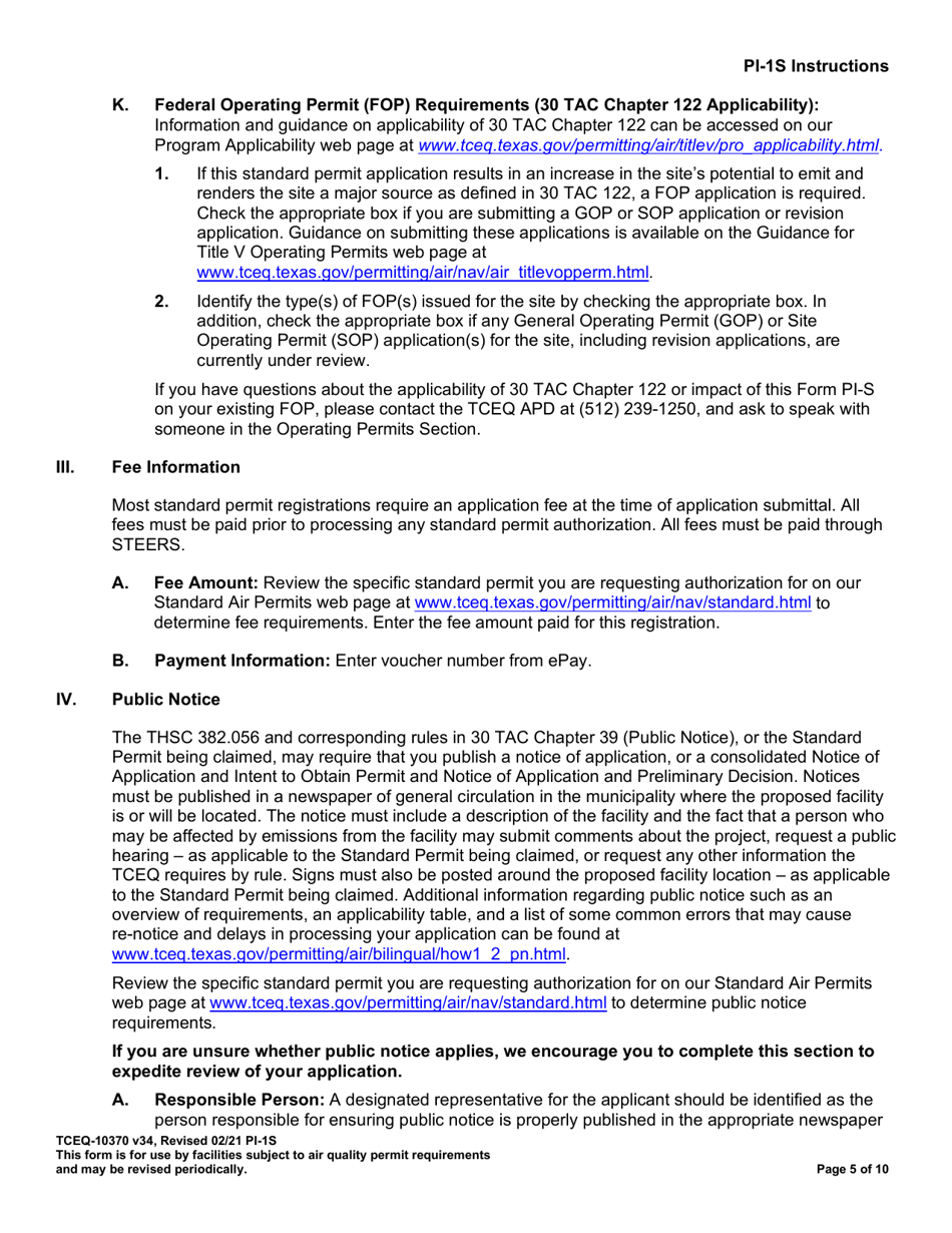 Form PI-1S (TCEQ-10370) Registrations for Air Standard Permit - Texas, Page 6