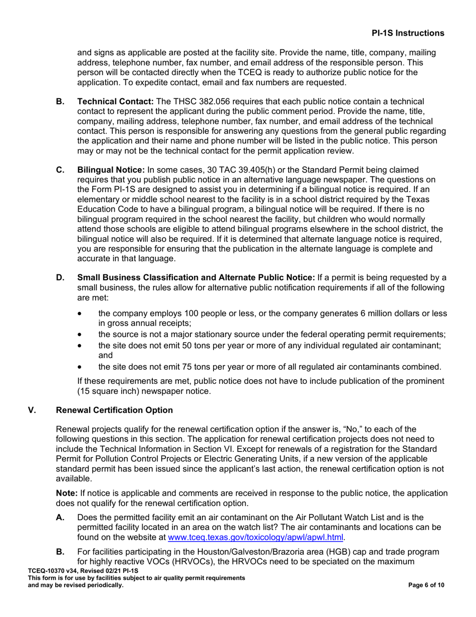 Form PI-1S (TCEQ-10370) Registrations for Air Standard Permit - Texas, Page 7