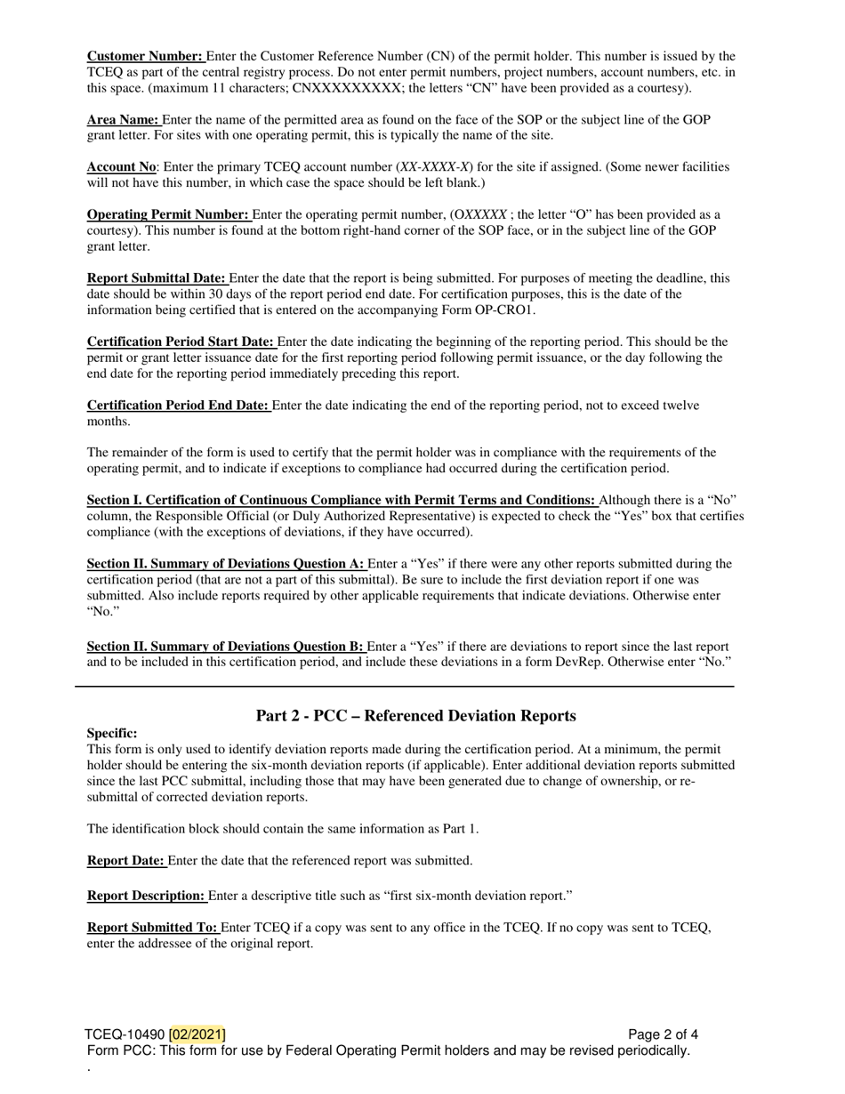 Instructions for Form PCC, TCEQ-10490 Permit Compliance Certification - Texas, Page 2