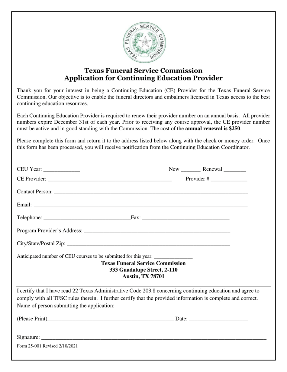 Form 25-001 Application for Continuing Education Provider - Texas, Page 1