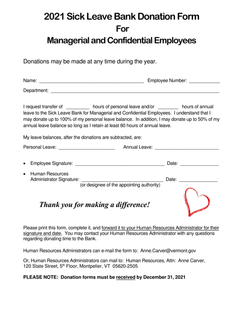 &quot;Sick Leave Bank Donation Form for Managerial and Confidential Employees&quot; - Vermont Download Pdf