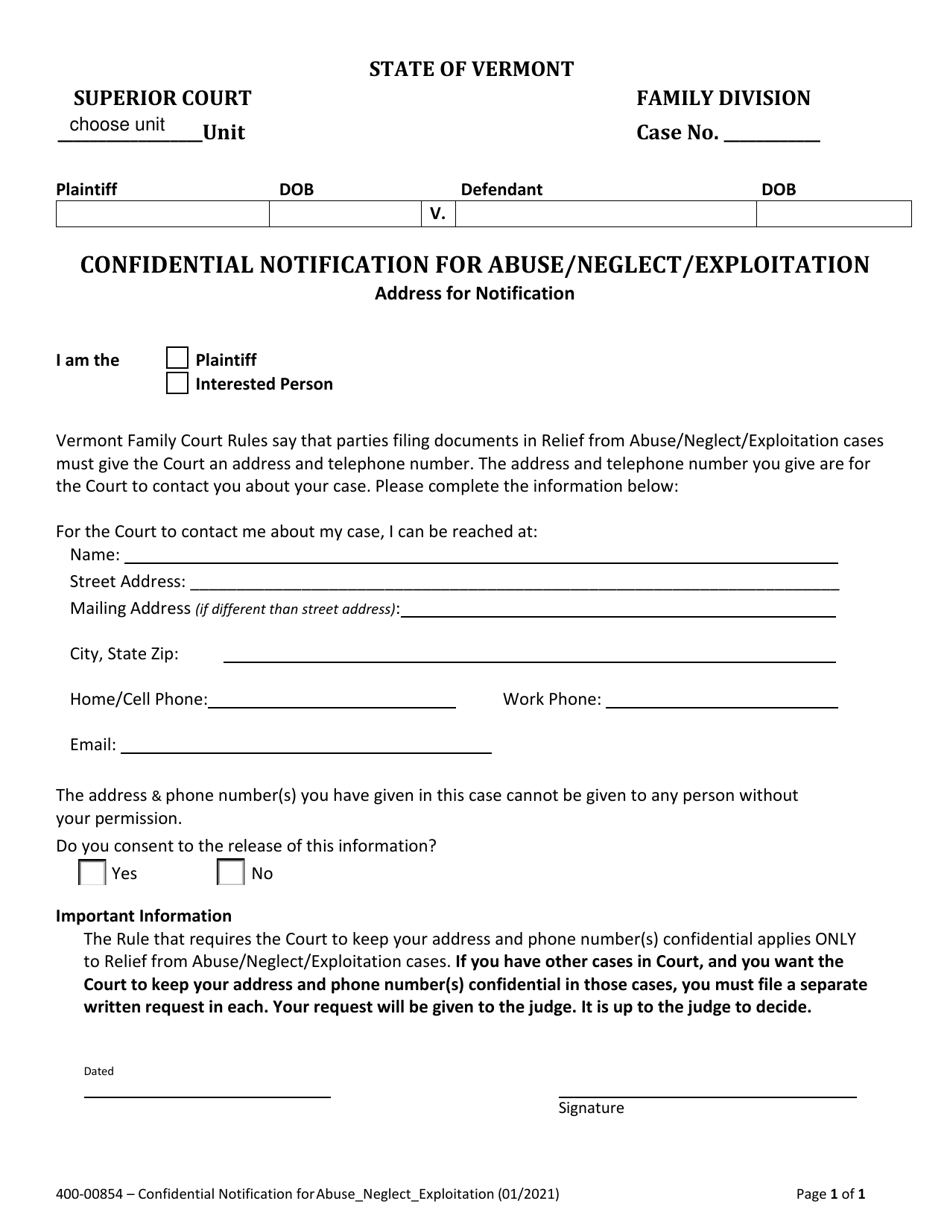 Form 400-00854 Confidential Notification for Abuse / Neglect / Exploitation - Vermont, Page 1