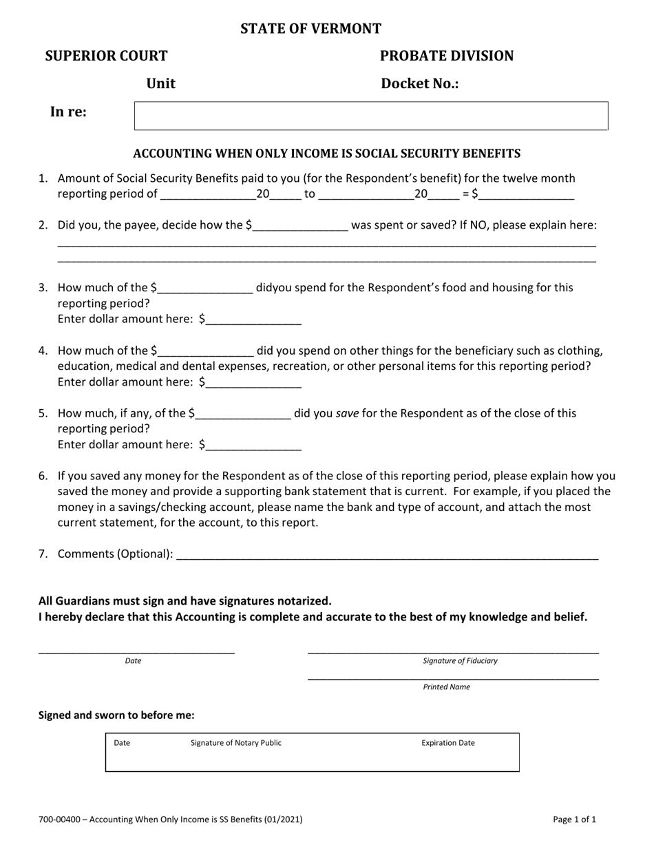 Form 700-00400 Accounting When Only Income Is Social Security Benefits - Vermont, Page 1