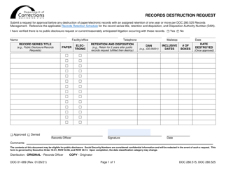 Document preview: Form DOC01-089 Records Destruction Request - Washington