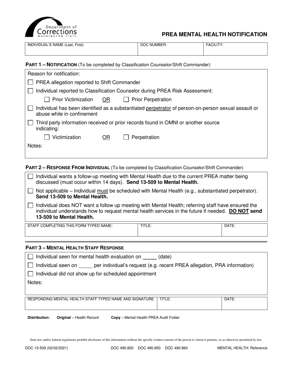 Form DOC13-509 Prea Mental Health Notification - Washington, Page 1