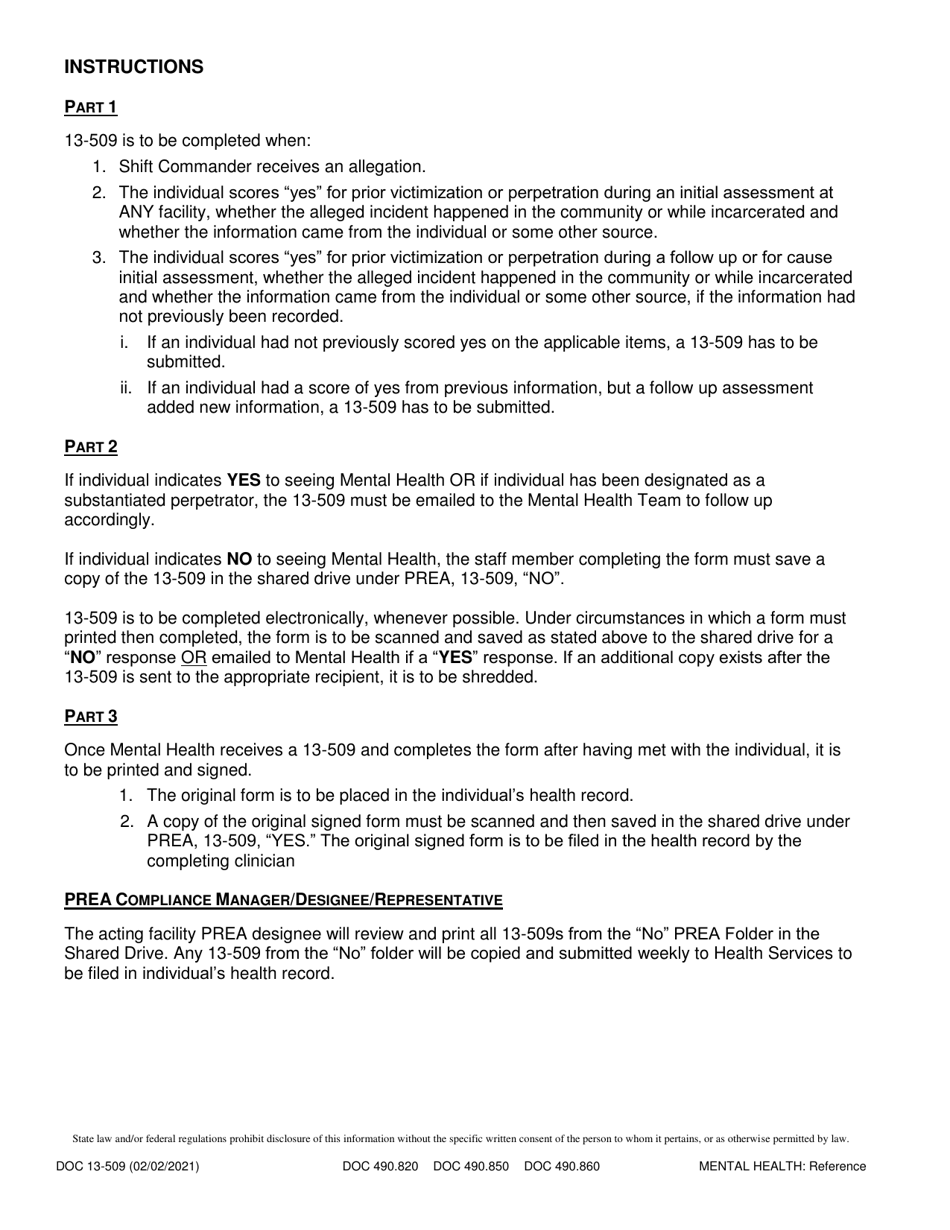 Form DOC13-509 Prea Mental Health Notification - Washington, Page 2