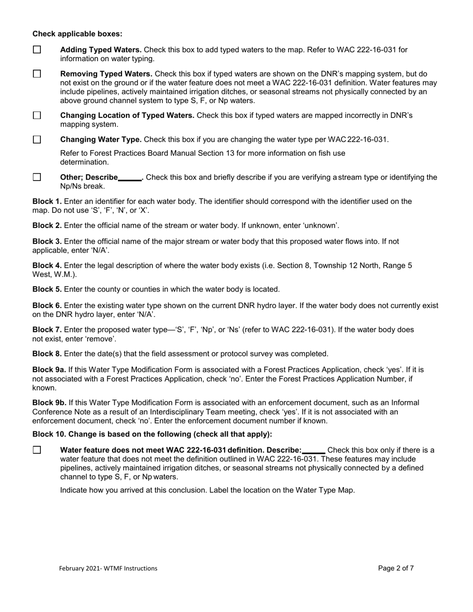 Instructions for Water Type Modification Form - Washington, Page 2
