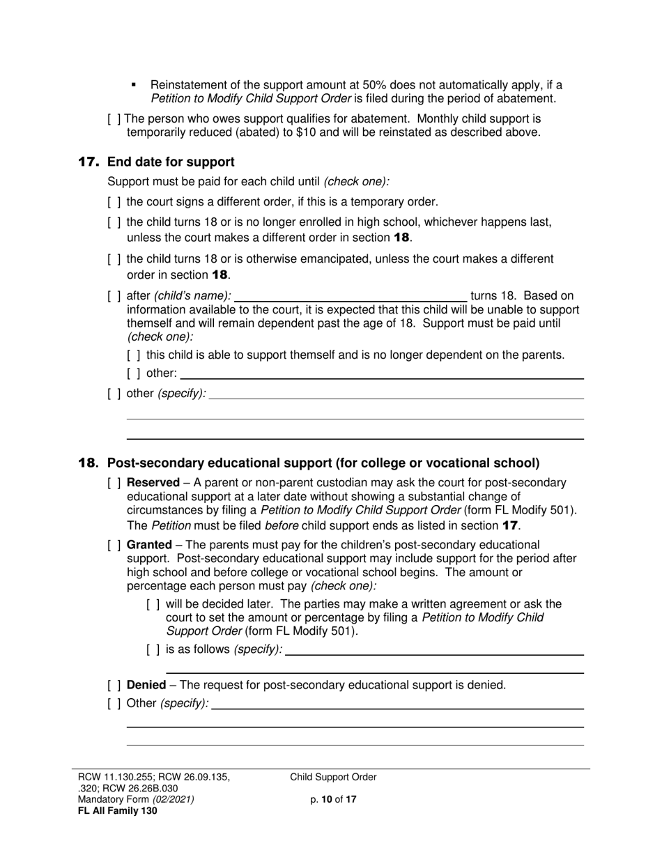 Form FL All Family130 Child Support Order - Washington, Page 10