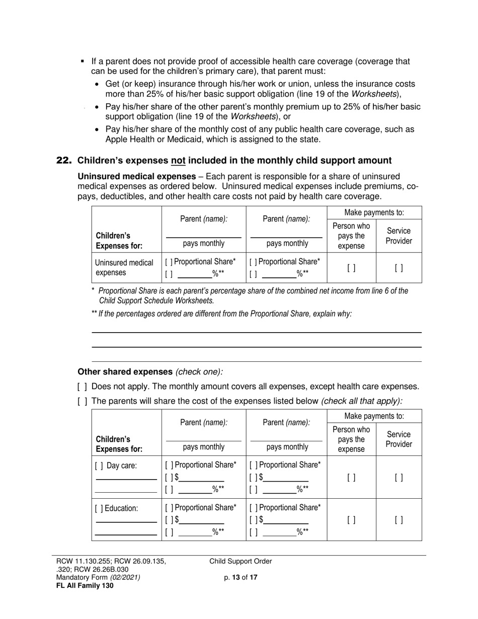 Form FL All Family130 Child Support Order - Washington, Page 13