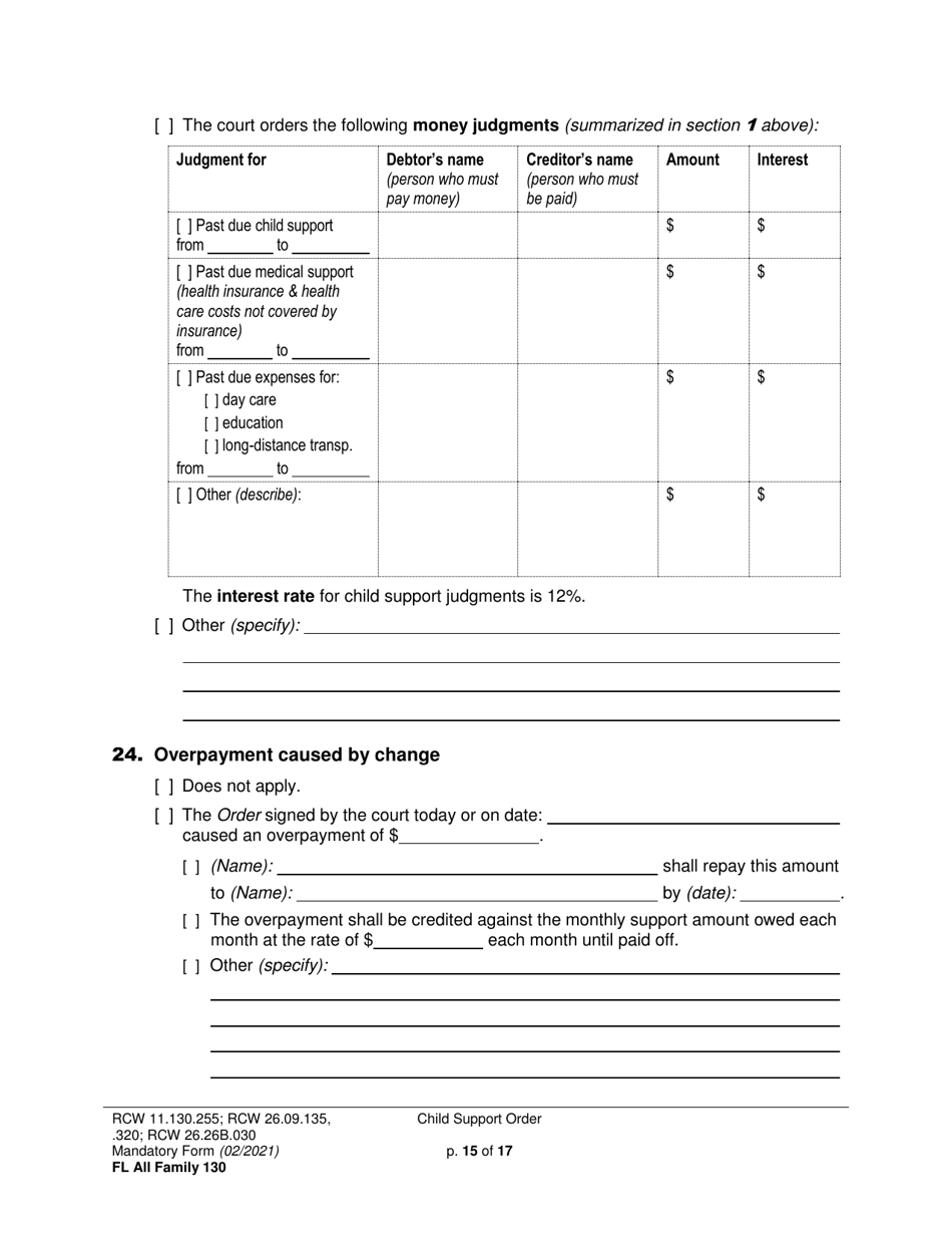 Form FL All Family130 Child Support Order - Washington, Page 15