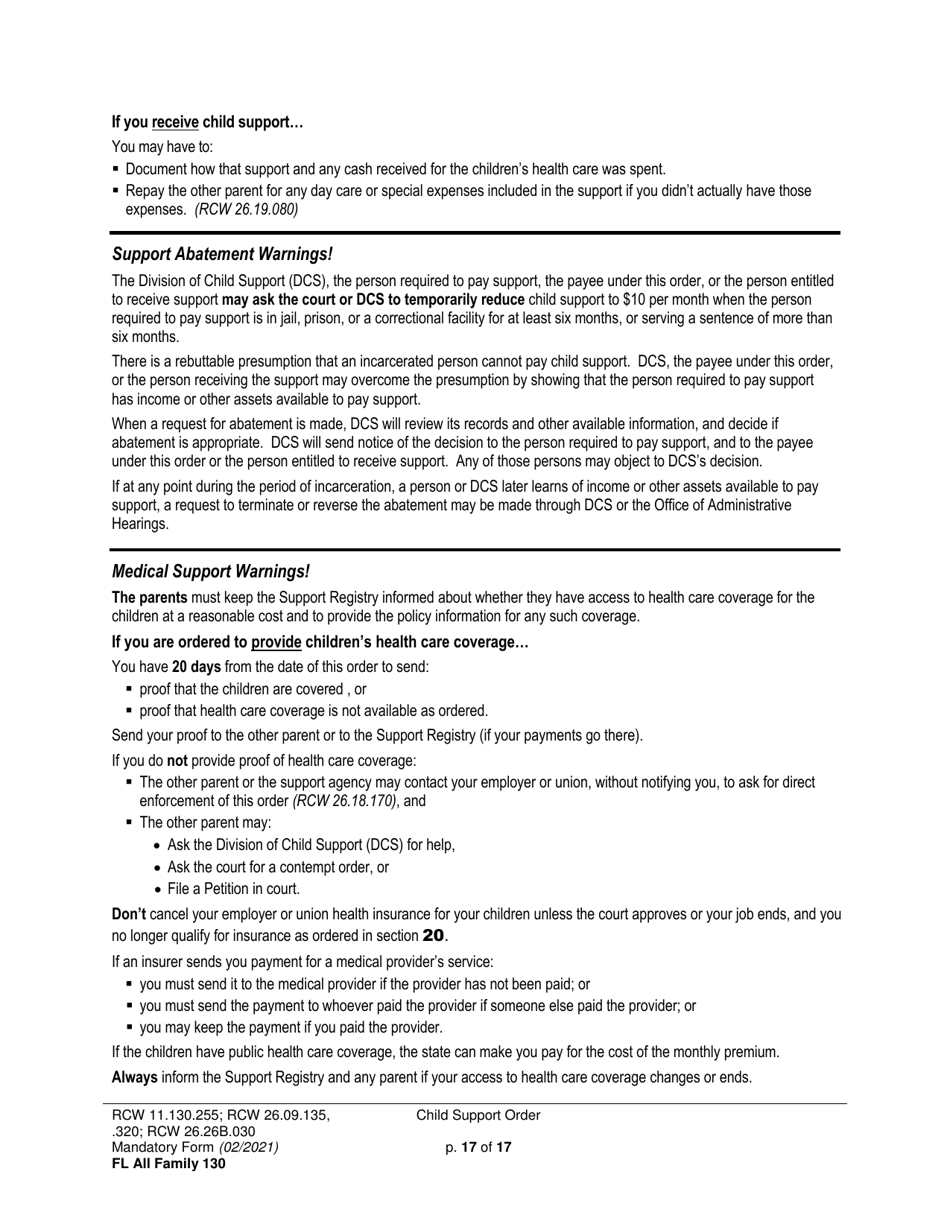 Form FL All Family130 Child Support Order - Washington, Page 17