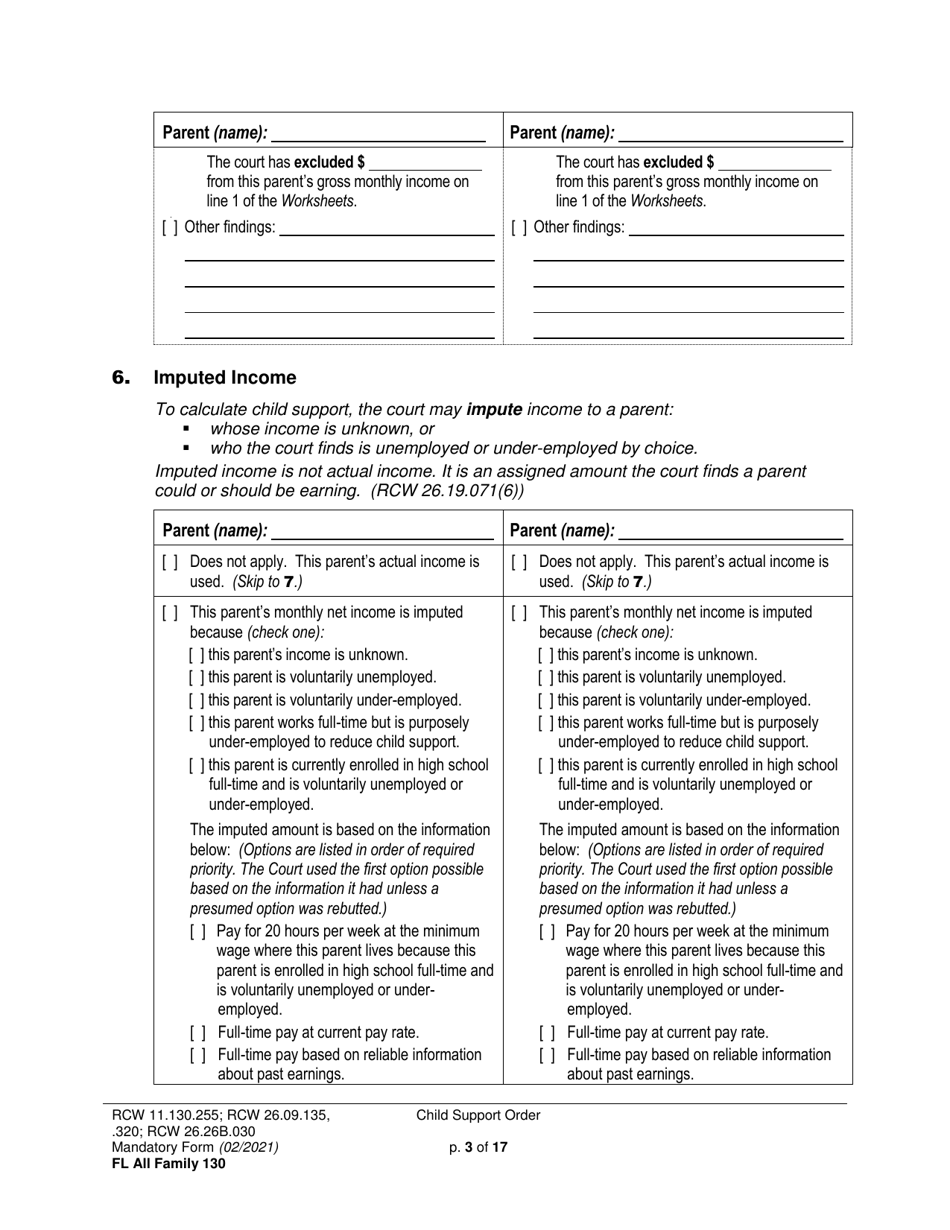 Form FL All Family130 Child Support Order - Washington, Page 3