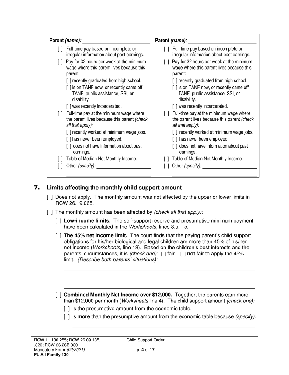 Form FL All Family130 Child Support Order - Washington, Page 4