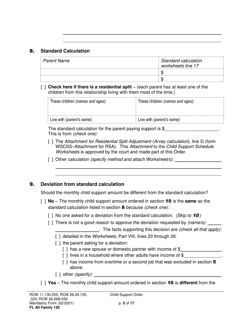 Form FL All Family130 Child Support Order - Washington, Page 5