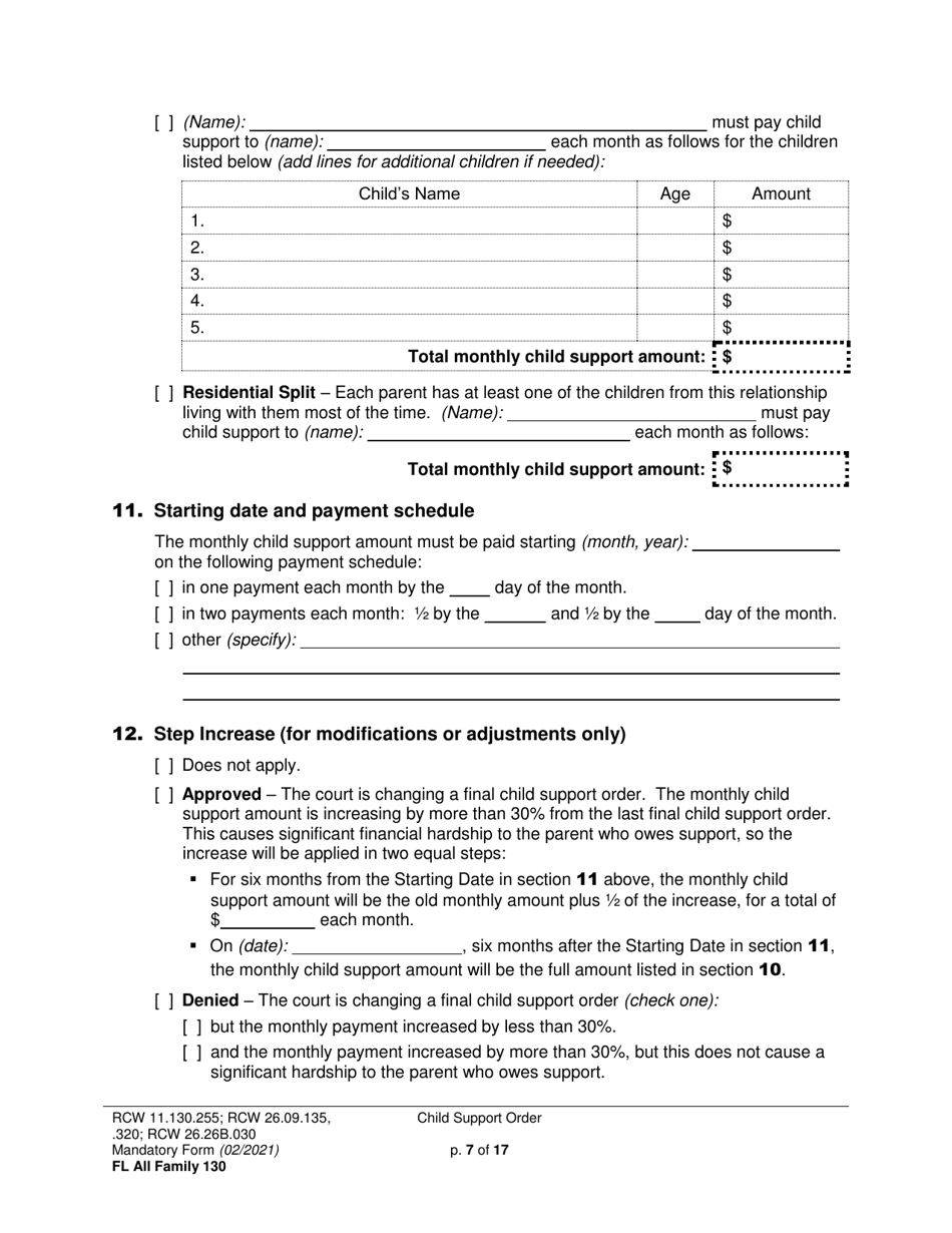 Form FL All Family130 Child Support Order - Washington, Page 7