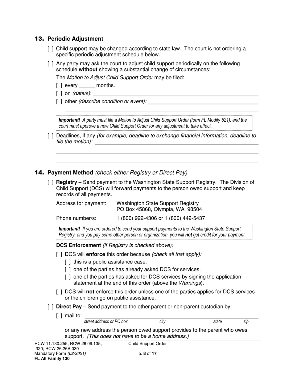 Form FL All Family130 Child Support Order - Washington, Page 8