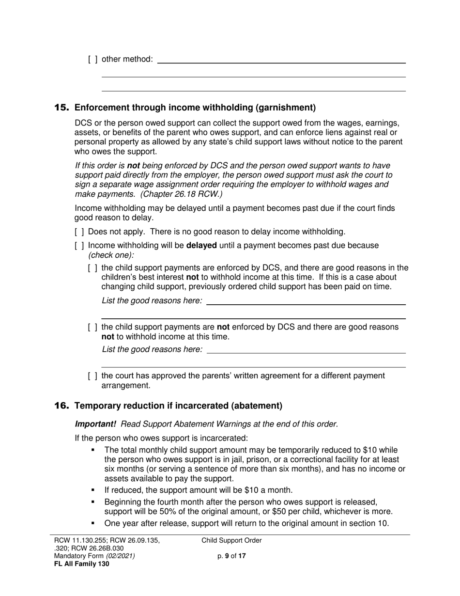 Form FL All Family130 Child Support Order - Washington, Page 9