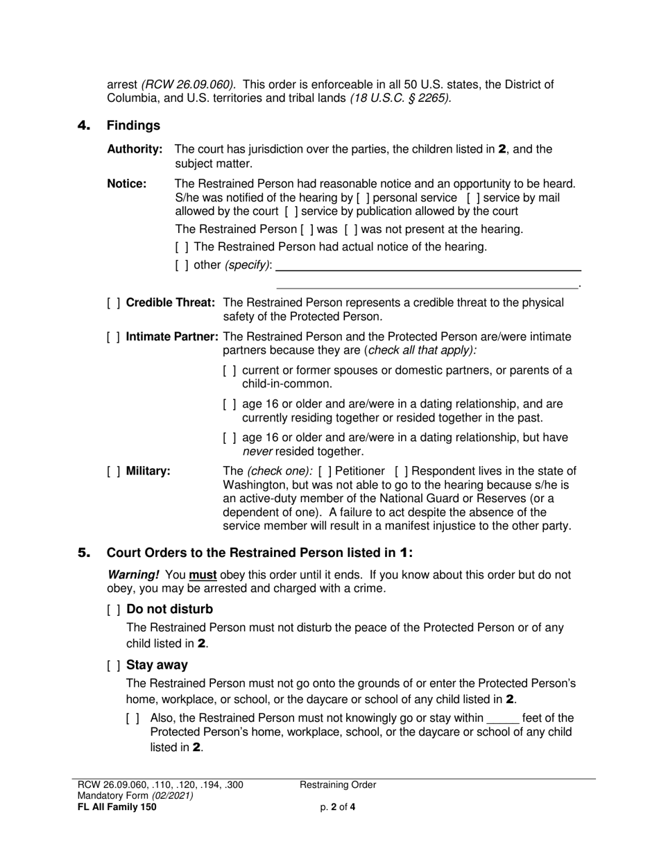 Form FL All Family150 Restraining Order - Washington, Page 2