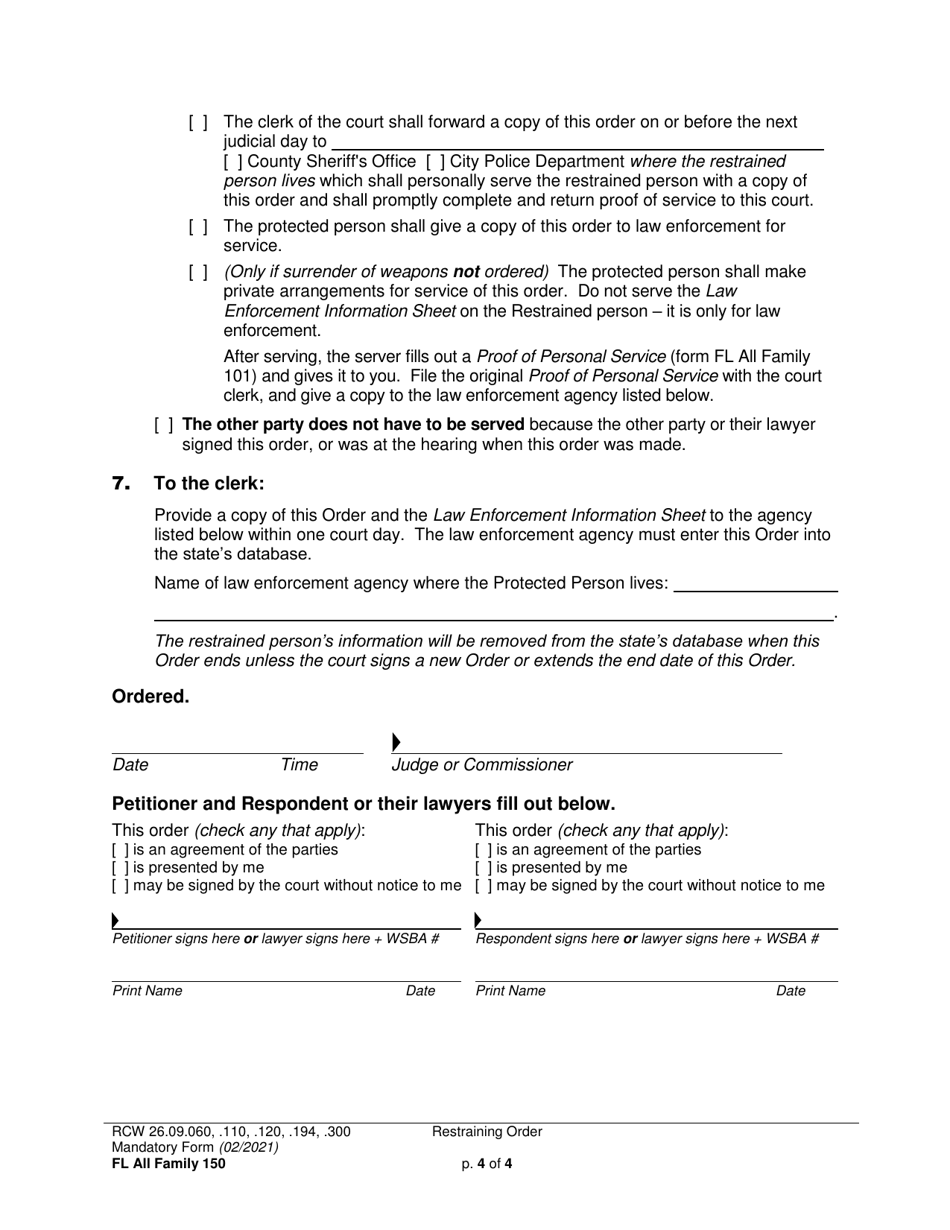 Form FL All Family150 Restraining Order - Washington, Page 4