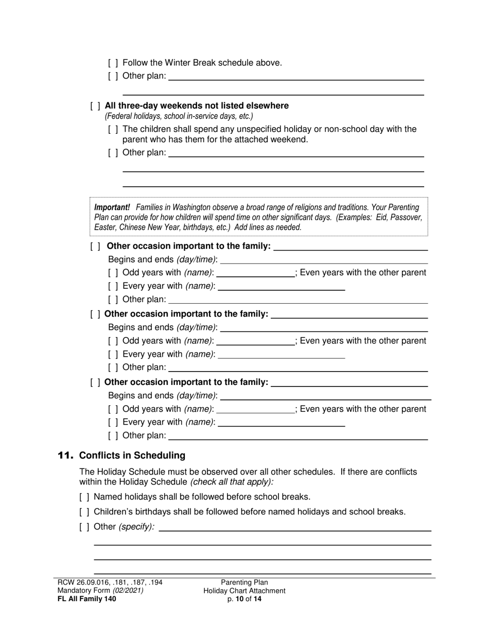 Form FL All Family140 Parenting Plan - Washington, Page 10