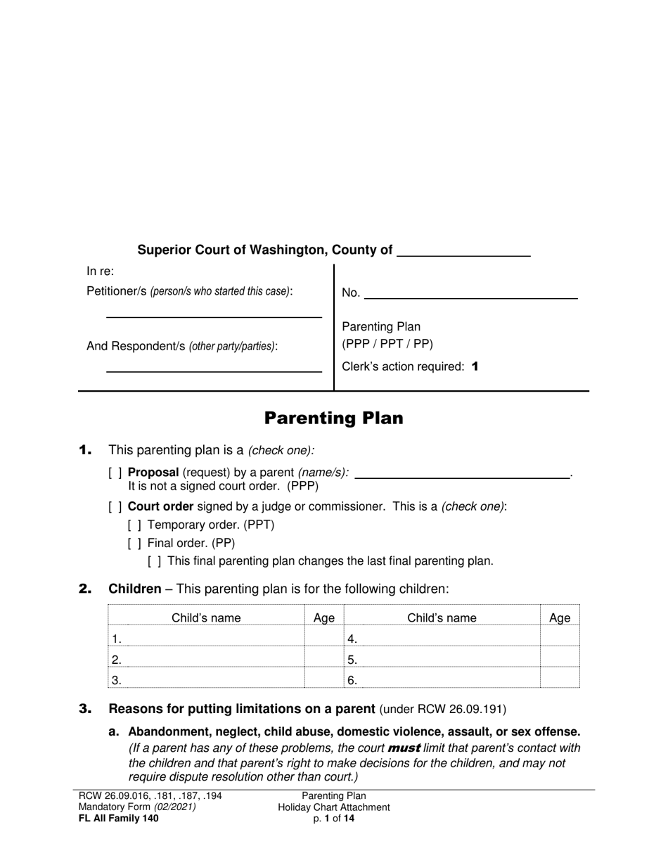 Form FL All Family140 Parenting Plan - Washington, Page 1