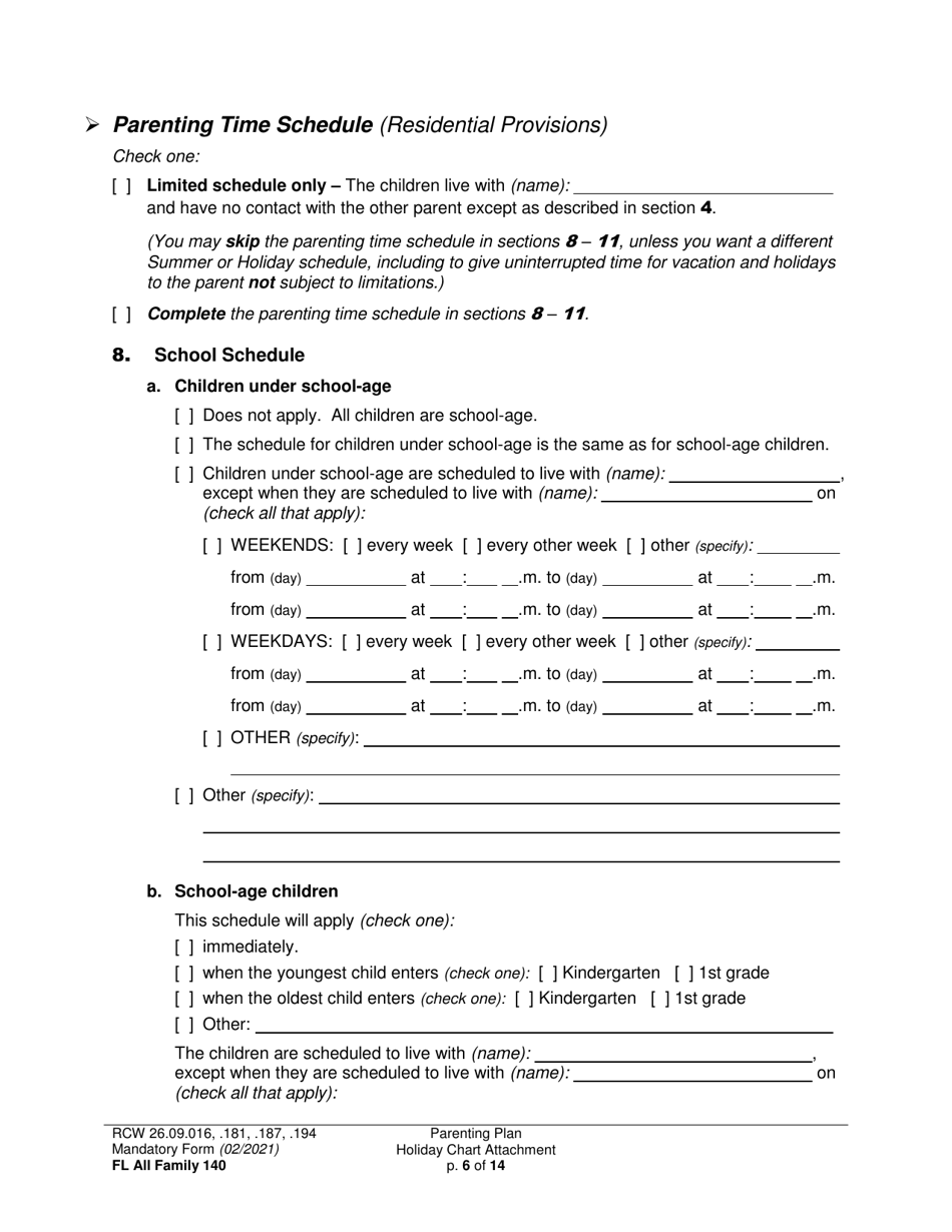 Form FL All Family140 Parenting Plan - Washington, Page 6