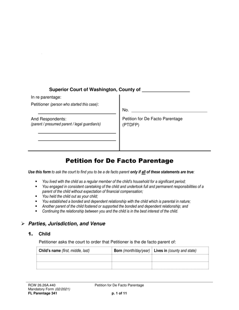Form FL Parentage341 Petition for De Facto Parentage - Washington