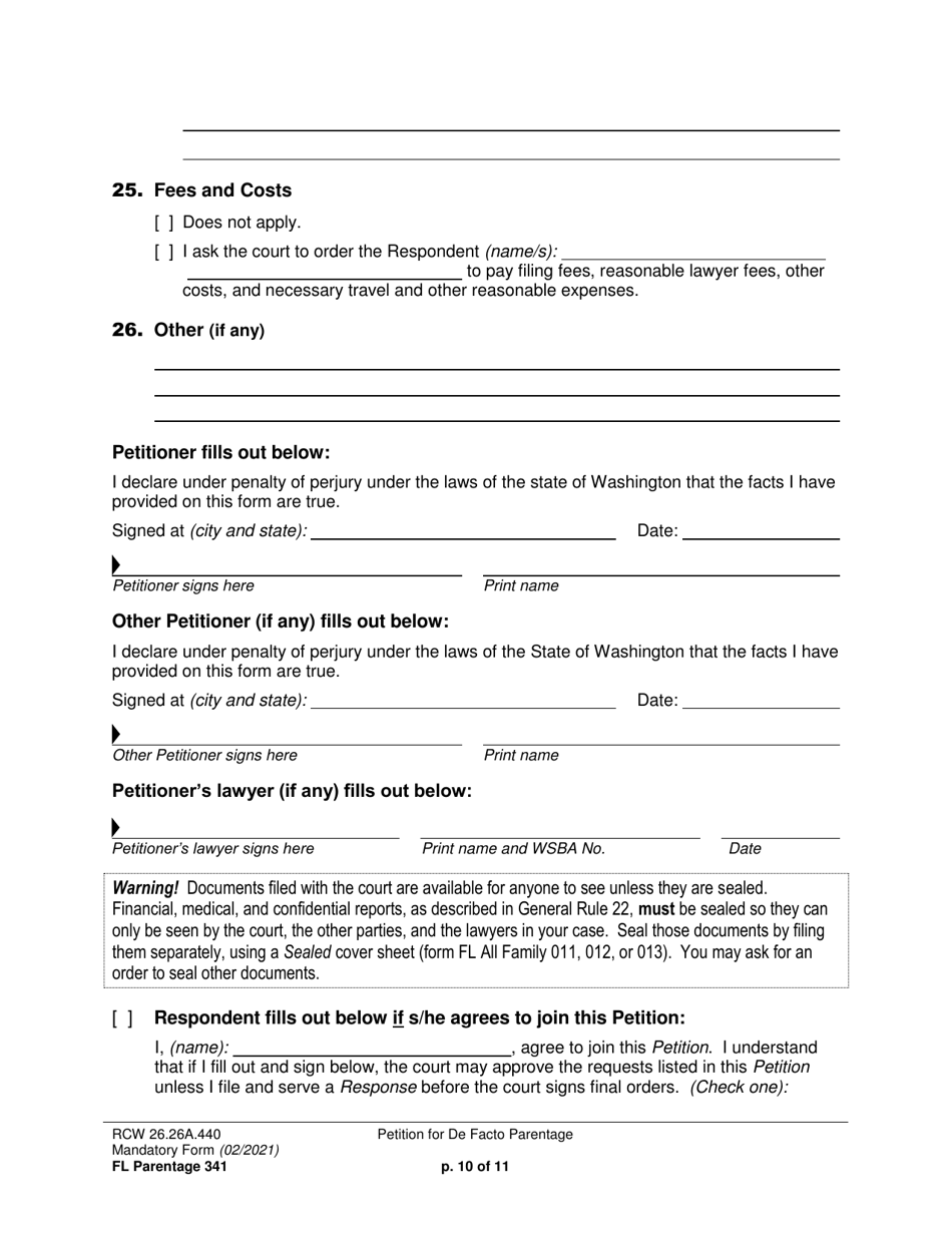 Form FL Parentage341 Petition for De Facto Parentage - Washington, Page 10