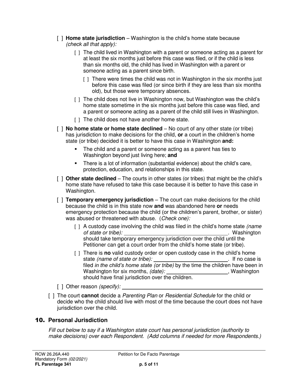 Form FL Parentage341 Petition for De Facto Parentage - Washington, Page 5