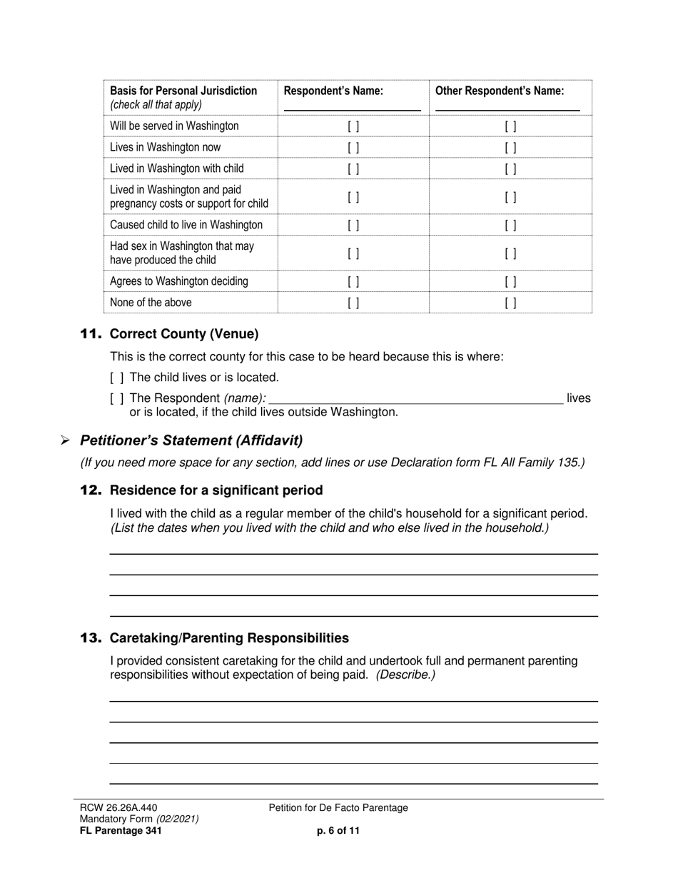 Form FL Parentage341 Petition for De Facto Parentage - Washington, Page 6