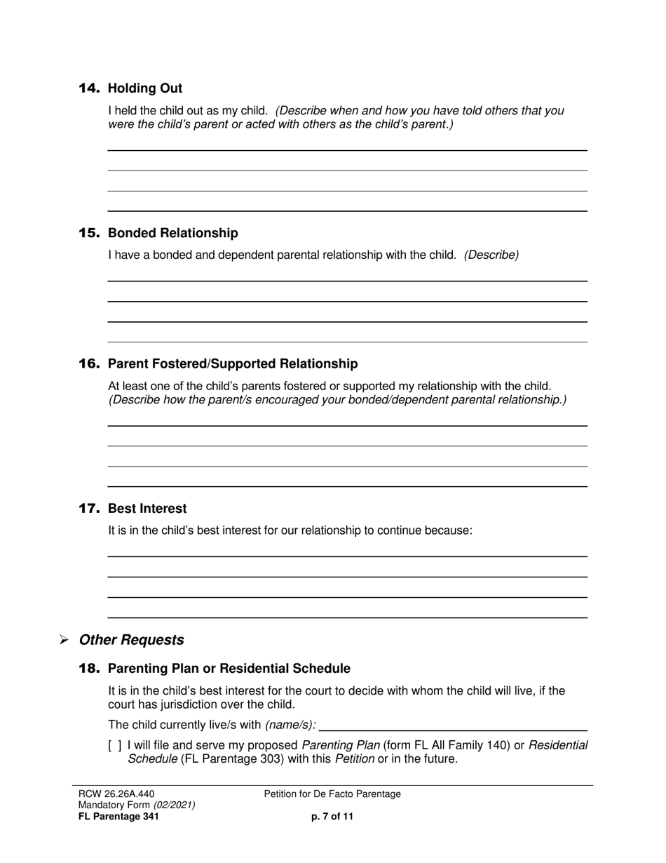 Form FL Parentage341 Petition for De Facto Parentage - Washington, Page 7