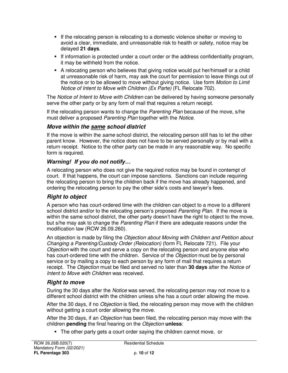 Form FL Parentage303 Residential Schedule - Washington, Page 10