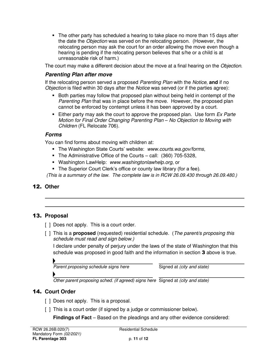 Form FL Parentage303 Residential Schedule - Washington, Page 11