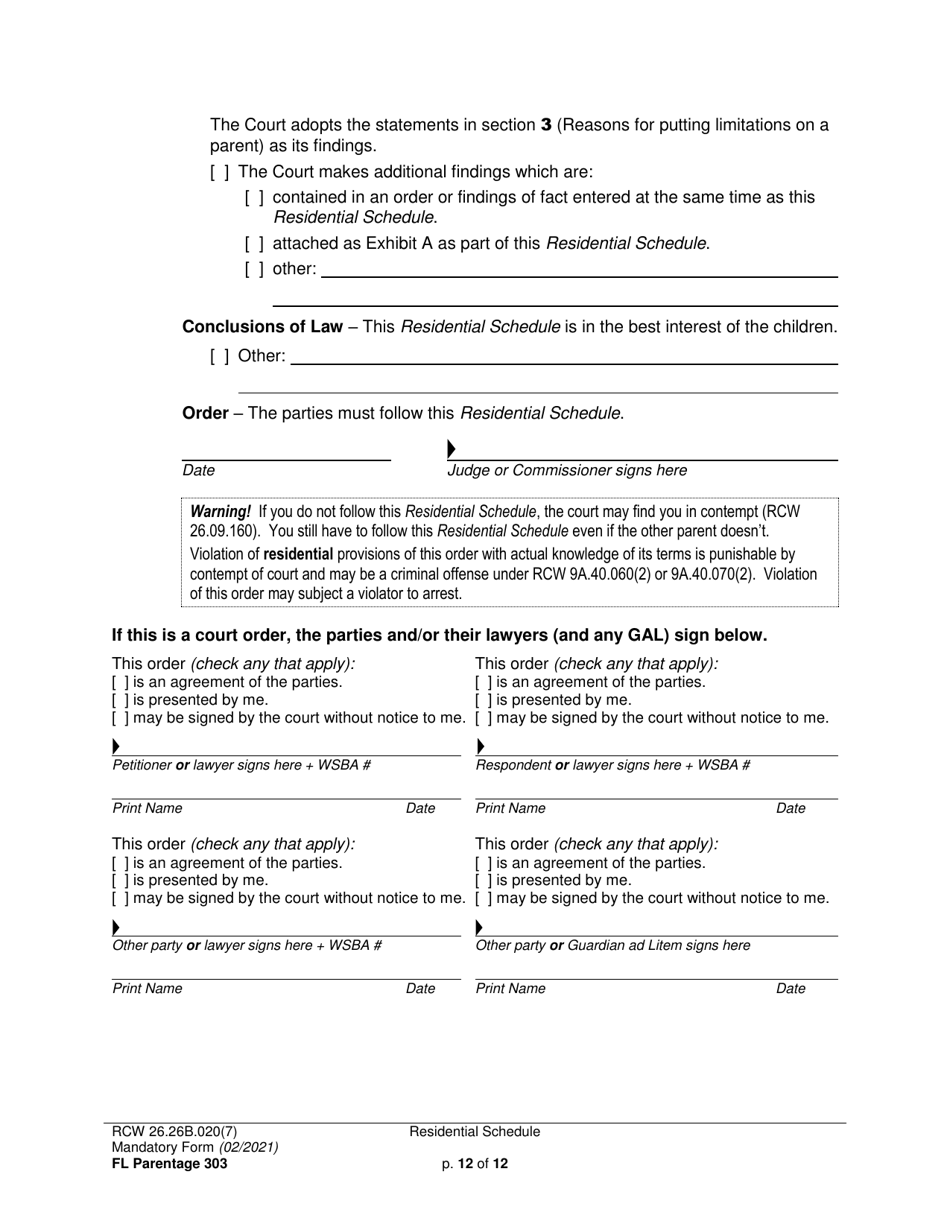Form FL Parentage303 Residential Schedule - Washington, Page 12